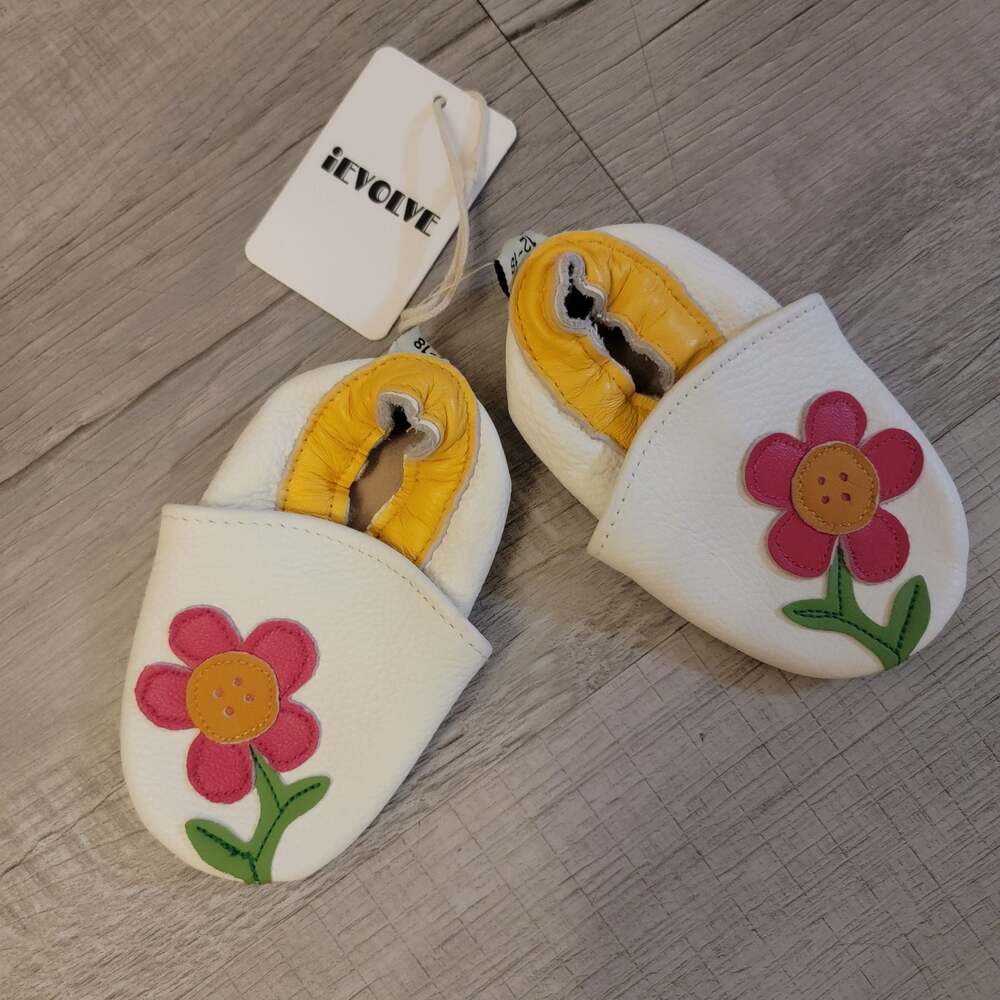 iEvolve Leather Baby Moccasins with Flower Applique, Size 12-18 Months